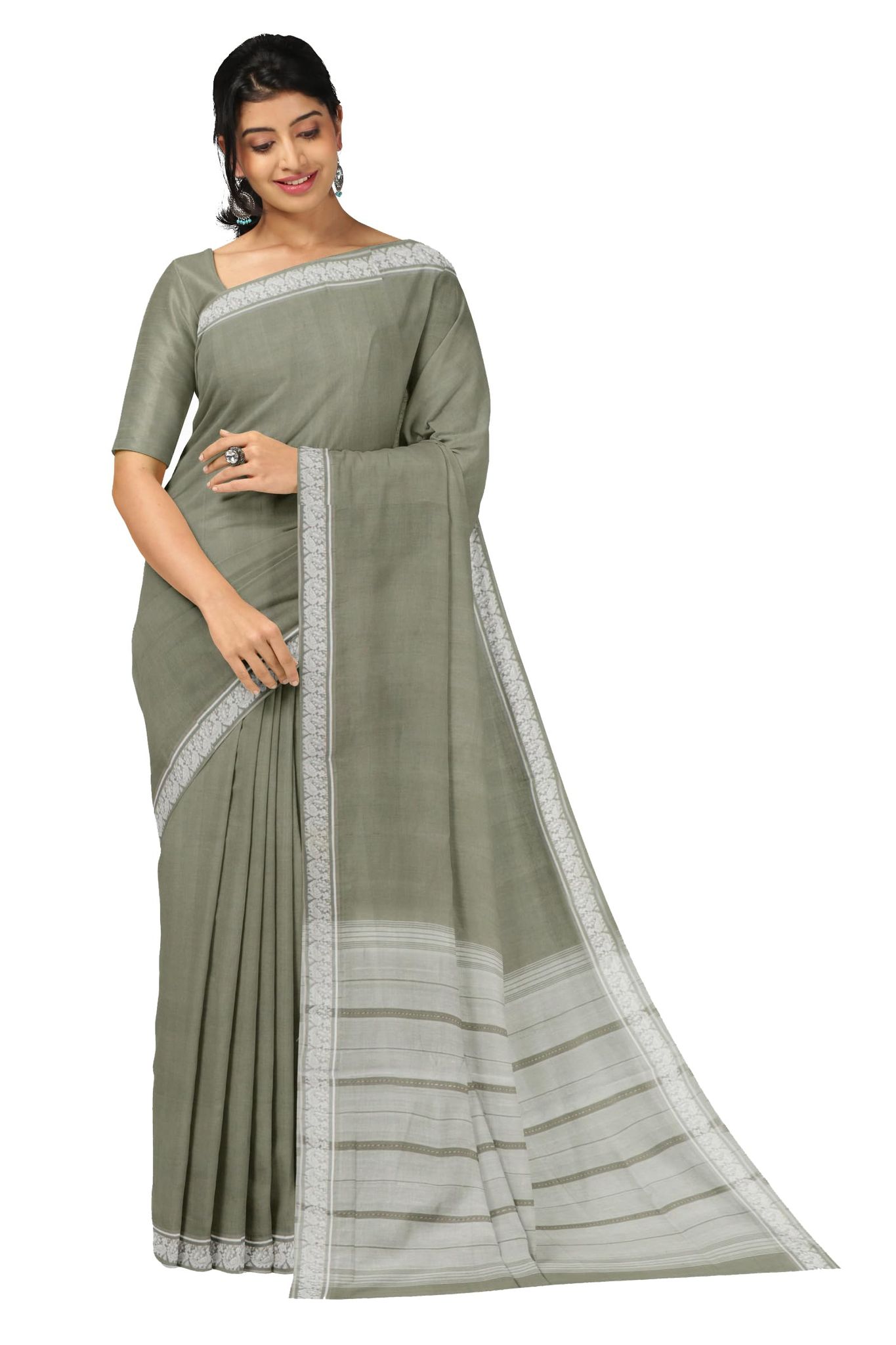 APCO Handloom (A Andhra Pradesh Govt Emporium)- Women's Traditional Pure Handloom Bandar/Polavaram Grey Cotton Saree | PBS0068