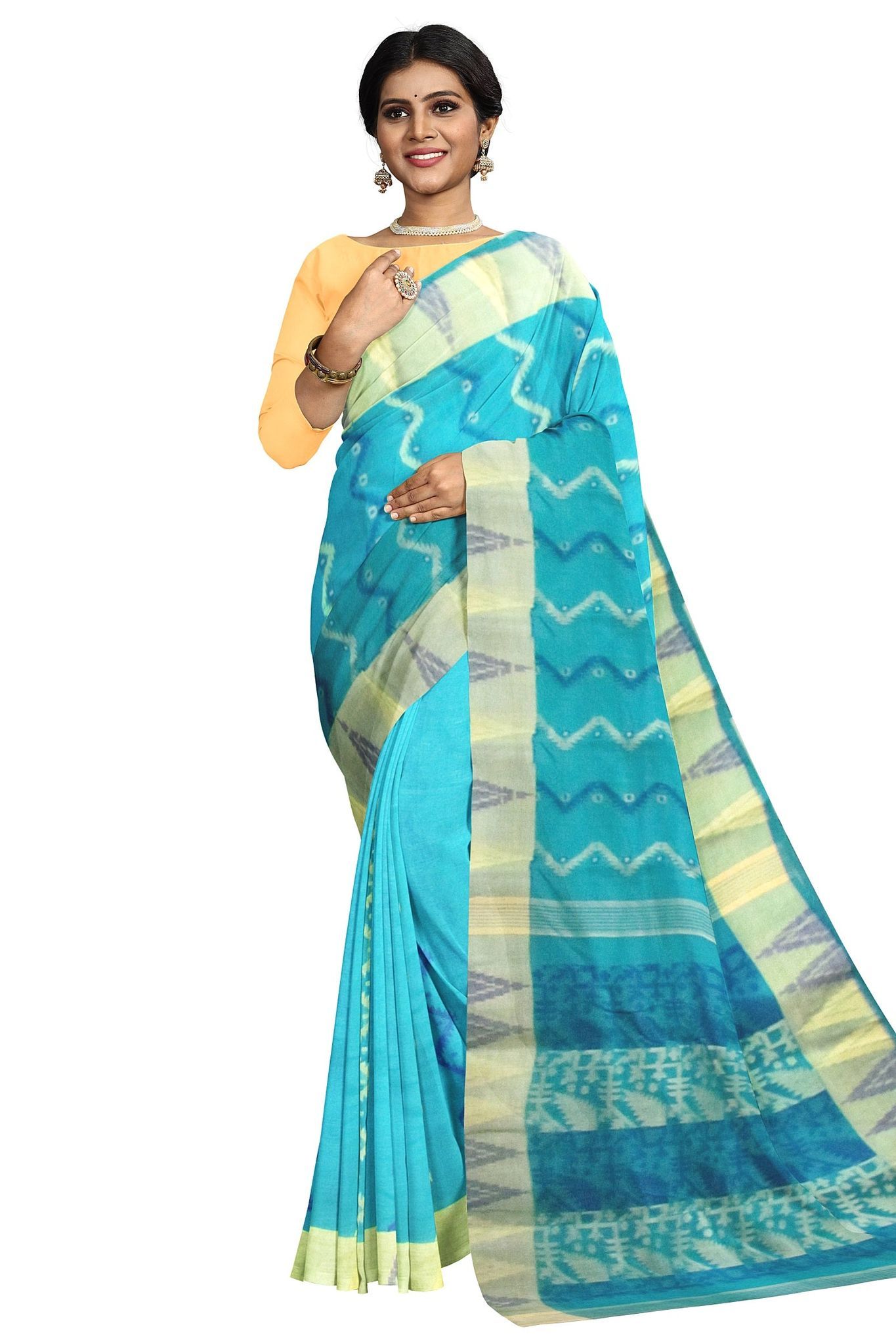 Handloom Saree On A Cyan Base In Cotton