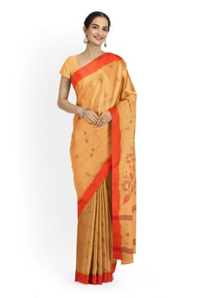 A Cream And Orange Base Handloom Saree