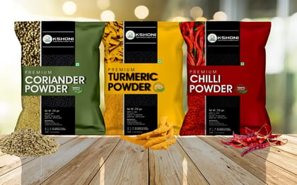 Kshoni Premium Coriander Powder, Turmeric Powder, Chilli Powder - 100% Natural, 250gm Each Kshoni Premium Coriander Powder, Turmeric Powder, Chilli Powder - 100% Natural, 250gm Each