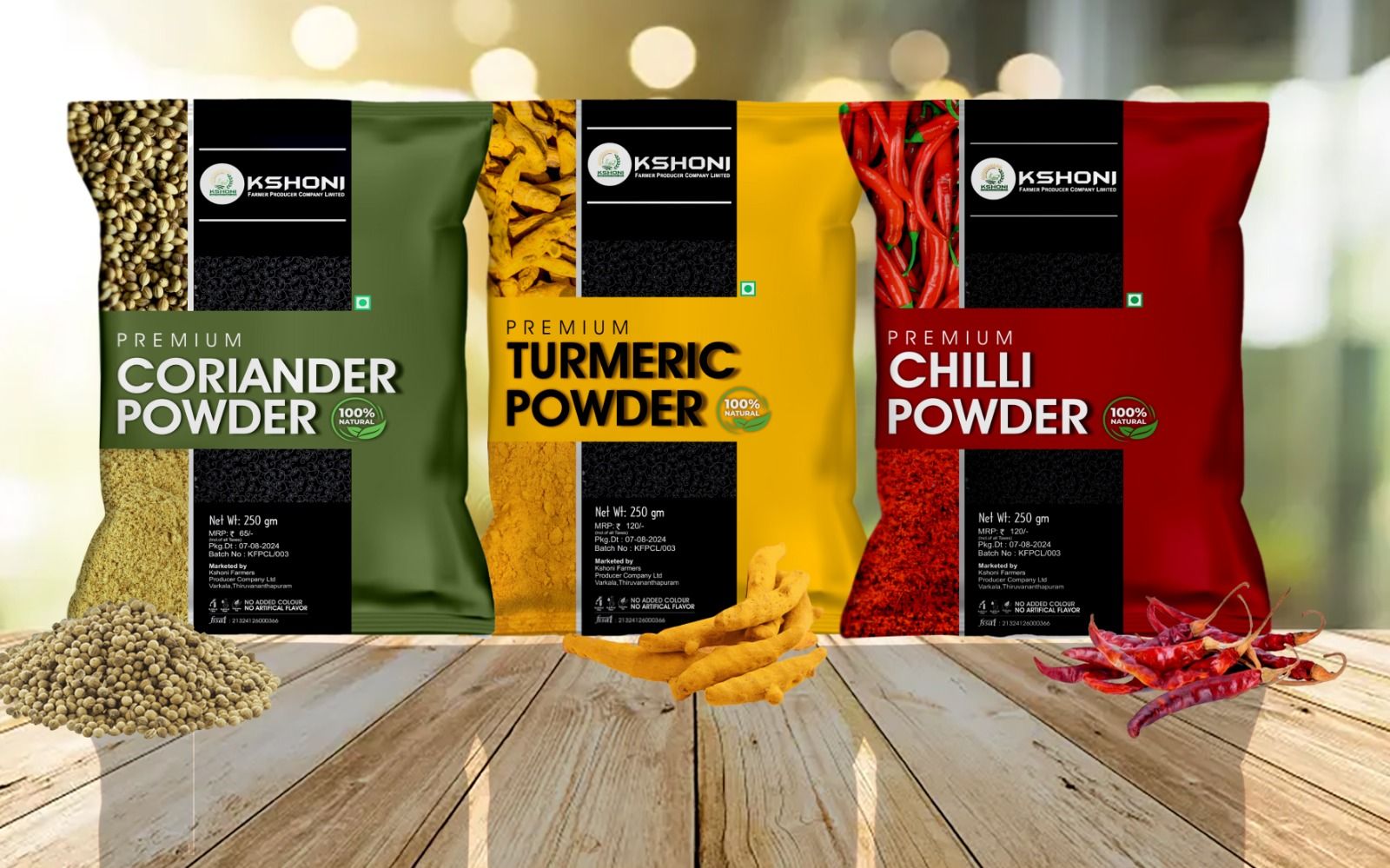  Kshoni Premium Coriander Powder, Turmeric Powder, Chilli Powder - 100% Natural, 250gm Each