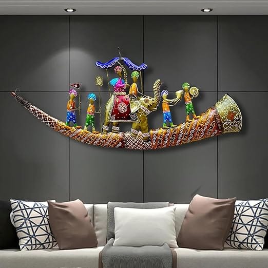 "Vibrant Metal Wall Art Decor - Intricate Elephant Procession Sculpture - Handcrafted Indian Artwork"