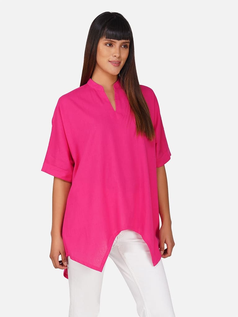 Hot Pink V-Neck Cotton Slub Kaftan Top