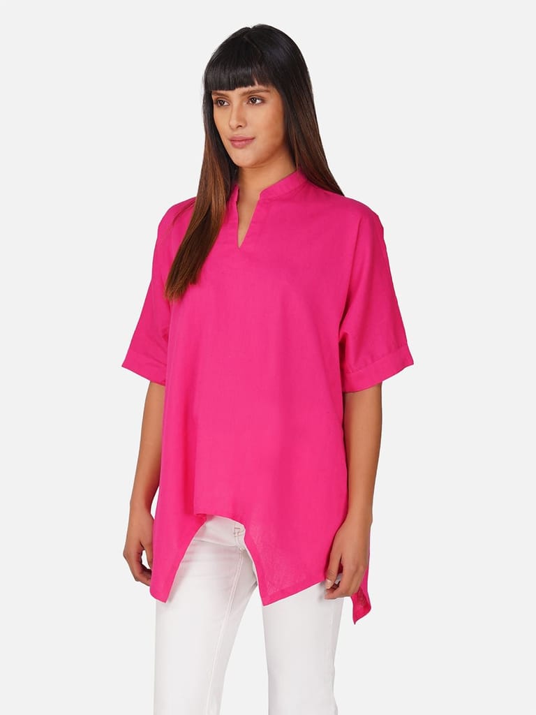 Hot Pink V-Neck Cotton Slub Kaftan Top