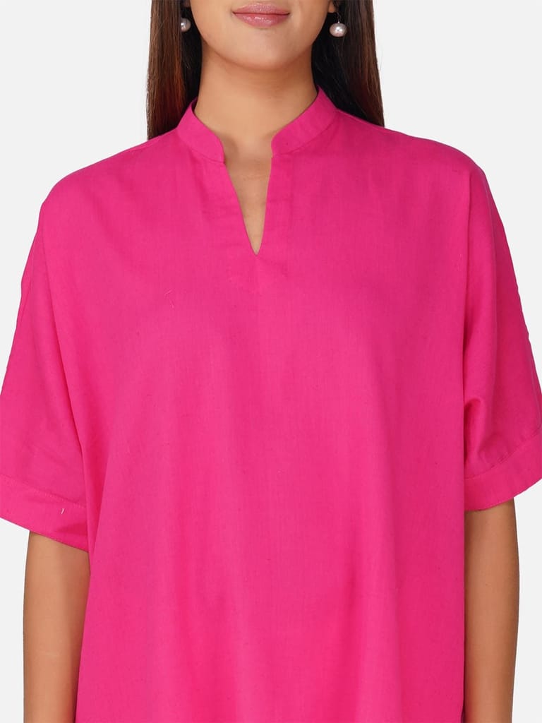 Hot Pink V-Neck Cotton Slub Kaftan Top