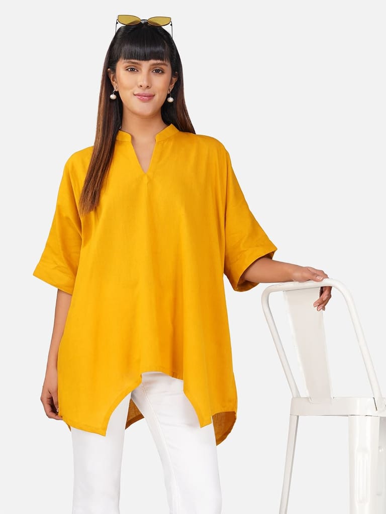Solid Yellow V-Neck Cotton Slub Kaftan Top