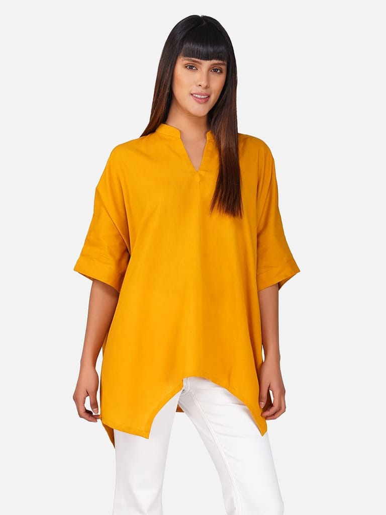 Solid Yellow V-Neck Cotton Slub Kaftan Top