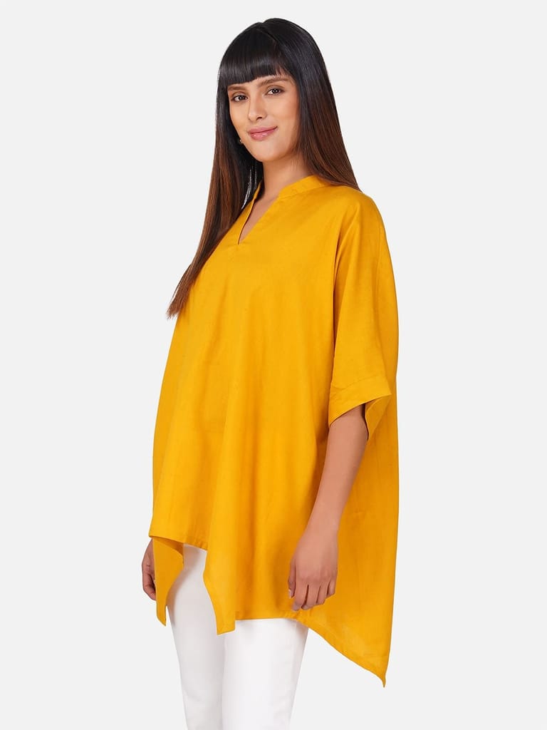 Solid Yellow V-Neck Cotton Slub Kaftan Top