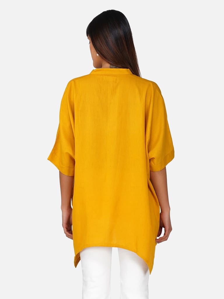 Solid Yellow V-Neck Cotton Slub Kaftan Top