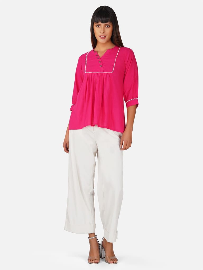 Hot Pink V-Neck Cotton Slub Top