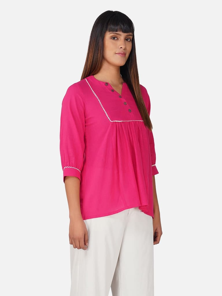 Hot Pink V-Neck Cotton Slub Top