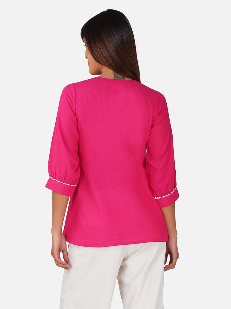 Hot Pink V-Neck Cotton Slub Top