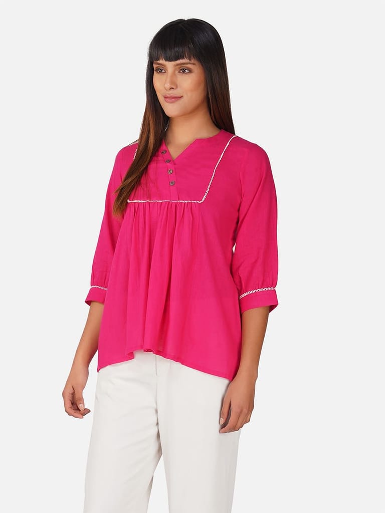 Hot Pink V-Neck Cotton Slub Top