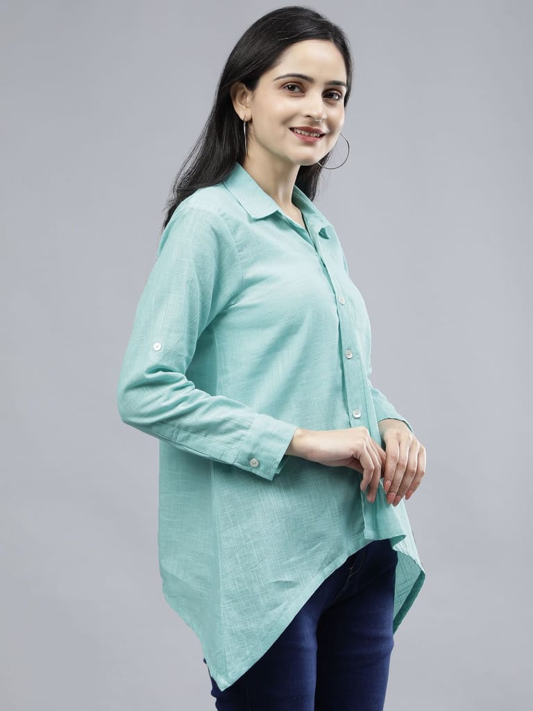 Stylized Placket Collar Top Blue