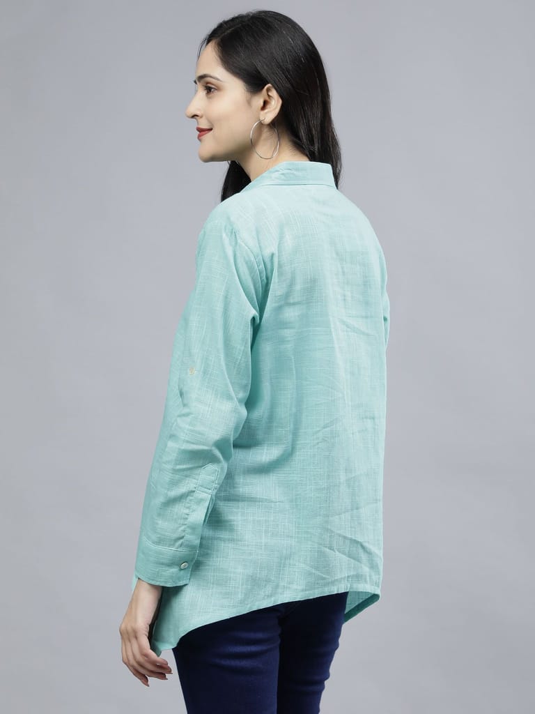 Stylized Placket Collar Top Blue