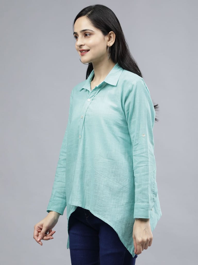 Stylized Placket Collar Top Blue