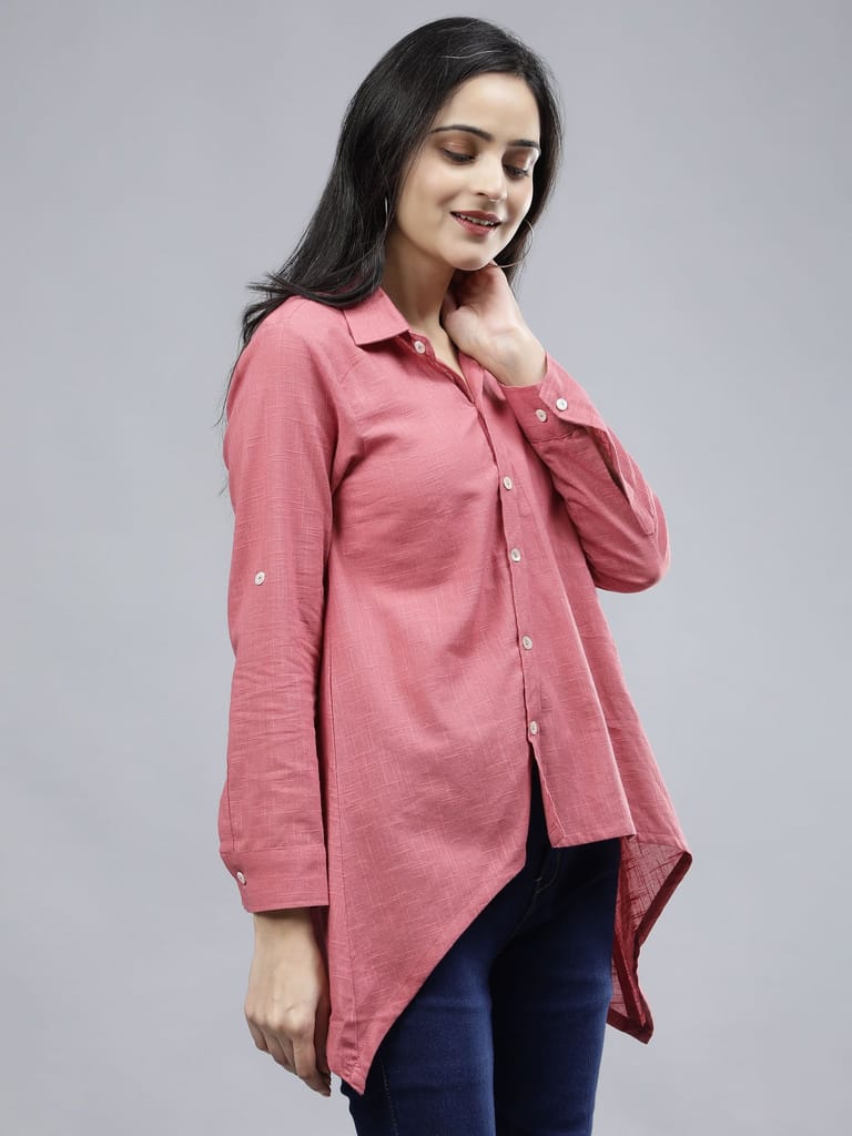 Stylized Placket Collar Top Pink