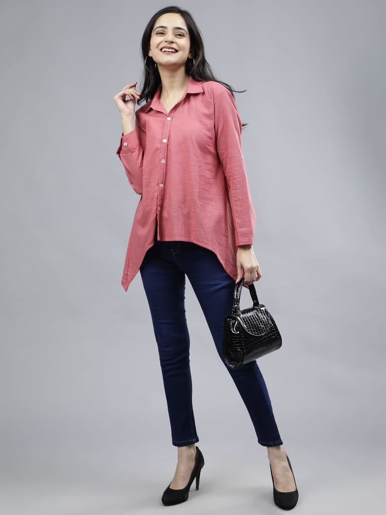 Stylized Placket Collar Top Pink