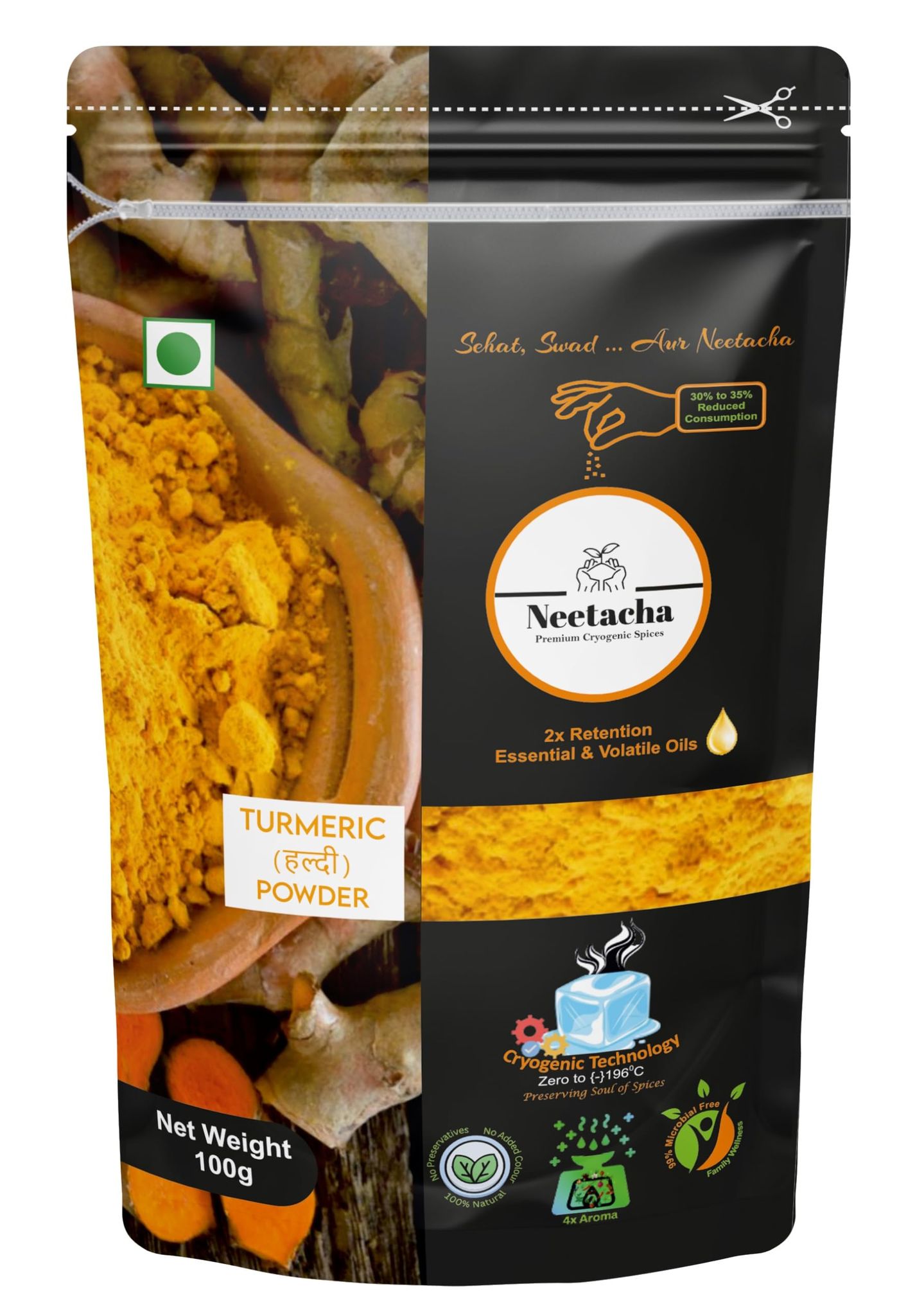NEETACHA ENTERPRISES LLP. Premium Cryogenic Turmeric Powder I 100g | Anti-Oxidant & Anti-Inflammatory | Chemical Free & Unadulterated | Pure & Natural Haldi Powder for Healthy Cooking I @ 35% reduced consumption.