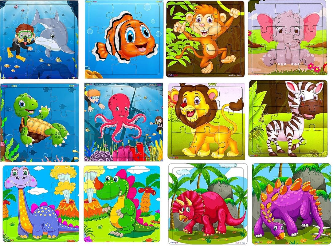Fiddlys Kid's Wooden Jigsaw Puzzle Games for Children & Kids Paperless Puzzle - 9 Pieces (Pack of 12 Animal) Age 3+