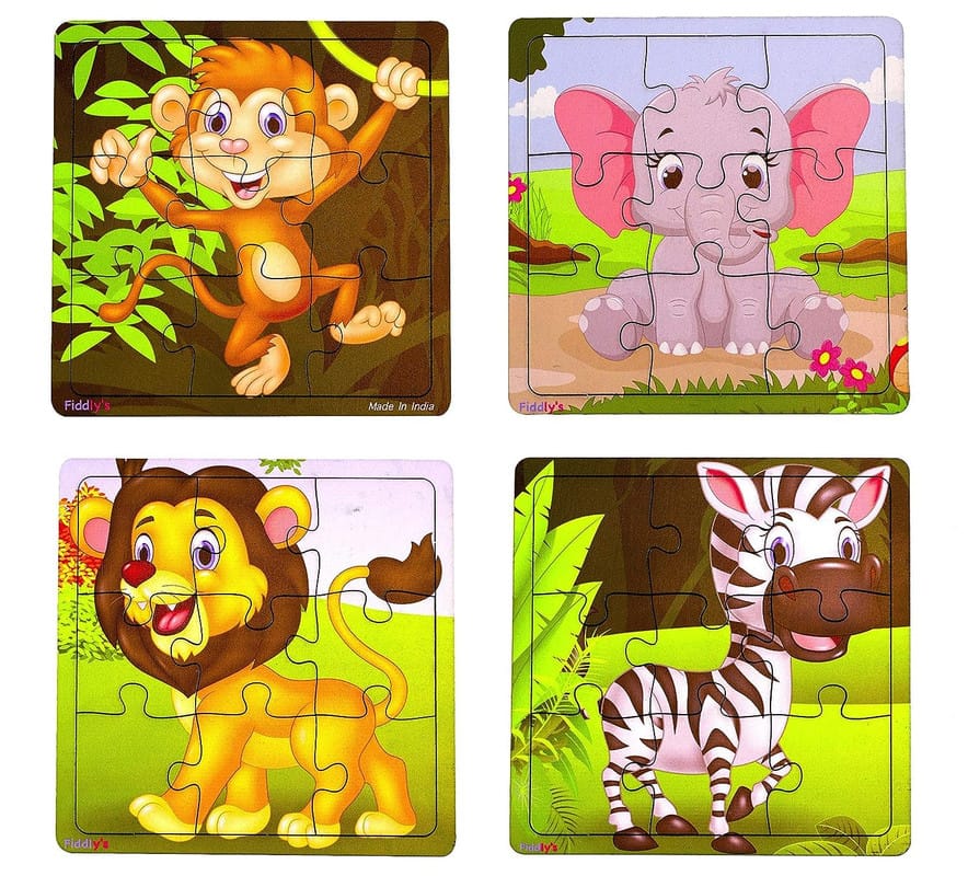 Fiddlys Kid's Wooden Jigsaw Puzzle Games for Children & Kids Paperless Puzzle - 9 Pieces (Pack of 4 Animal) Age 3+
