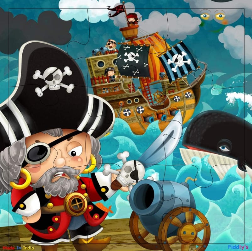 Fiddlys Kid's Wooden Jigsaw Puzzle Games for Children & Kids Paperless Puzzle - 9 Pieces (Pack of 4 Good Pirates) Age 3+
