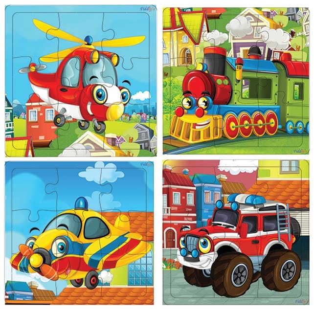 Fiddlys Kid's Wooden Jigsaw Puzzle Games for Children & Kids Paperless Puzzle - 9 Pieces (Pack of 4 Vehicle) Age 3+