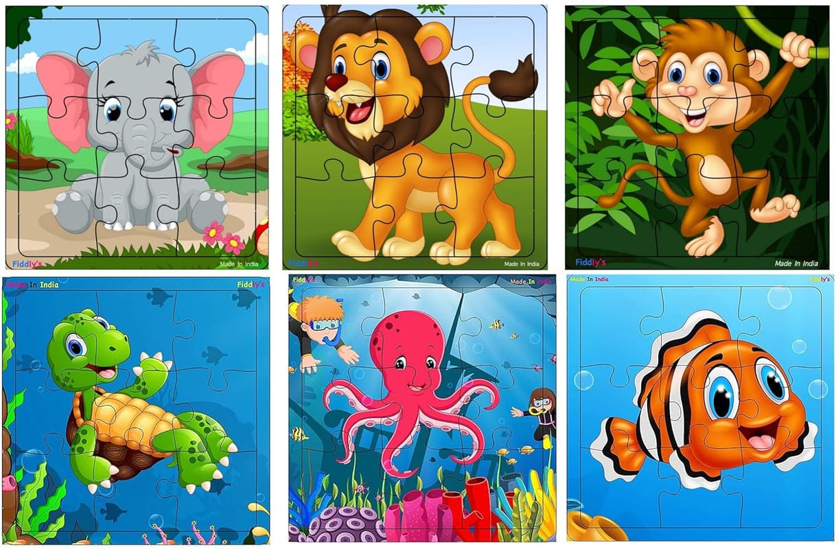 Fiddlys Kid's Wooden Jigsaw Puzzle Games for Children & Kids Paperless Puzzle - 9 Pieces (Pack of 6 Animal Sea World) Age 3+