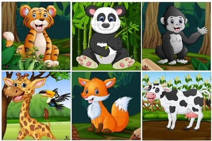 Fiddlys Kid's Wooden Jigsaw Puzzle Games for Children & Kids Paperless Puzzle - 9 Pieces (Pack of 6 Wild & Pet Animal) Age 3+
