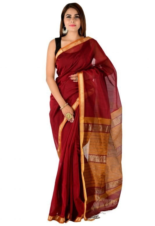 Cotton Silk Teen Tani Patta Designer Maheswari Rasta Standard Mehroom - Sarees | Buy online on ZillyBuy