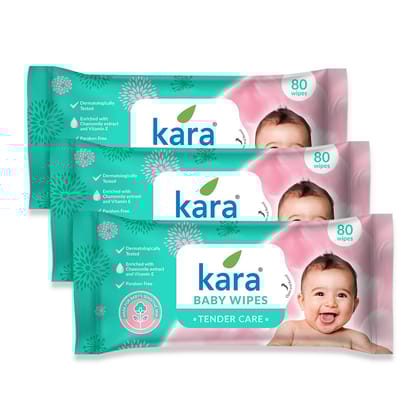 Kara Tender Care Baby Wipes - 80 Pulls (Pack of 3) | Gentle Protection for Your Baby’s Sensitive Skin | Dermatologically Tested & Paraben Free | Enriched with Chamomile Extract and Vitamin E
