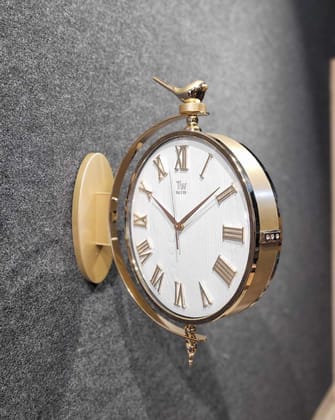 Round metallic finish station clock  | white gold double sided hanging clock with Bird Figurine white gold