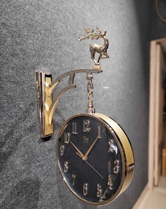 Round Metallic Finish Station Clock  | Double sided hanging clock with Deer black gold
