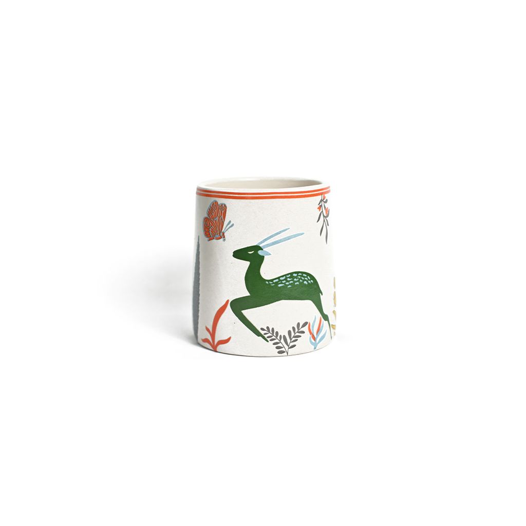 Meraki Mix Tea Coffee Cup Chai Handprinted Ceramic Clay Blue Woodland Deer Mug | Microwave & Dishwasher Safe for Daily Use, Gifted for Any Occasion (Cream and Red) Set of 2