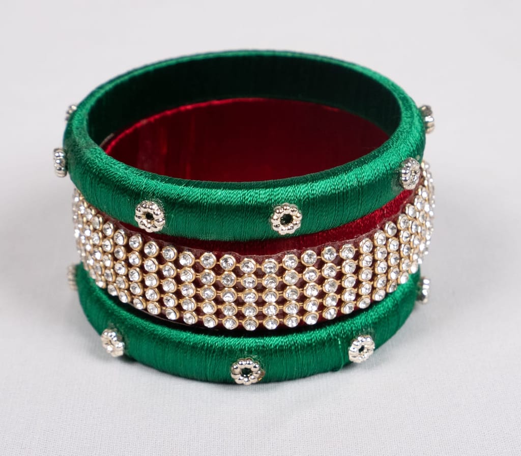  Green and Red Silk Thread Bangle Set with Rhinestones