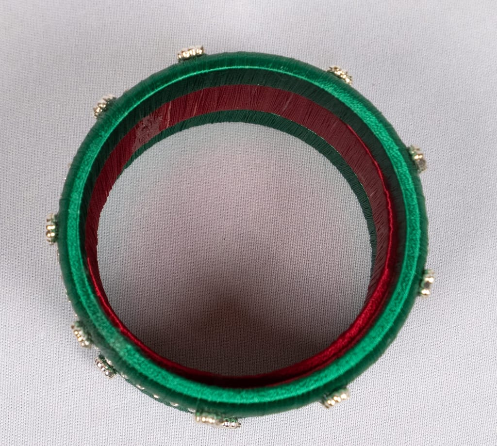  Green and Red Silk Thread Bangle Set with Rhinestones