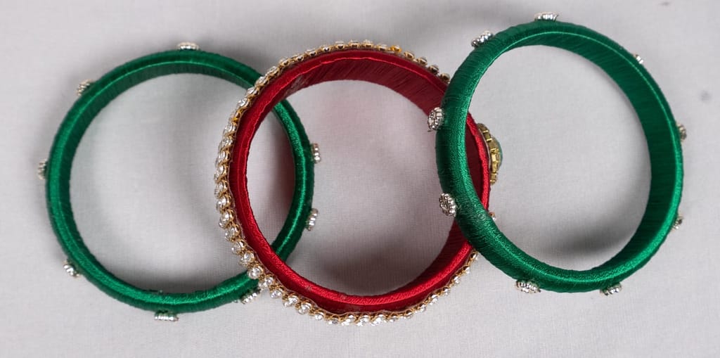  Green and Red Silk Thread Bangle Set with Rhinestones