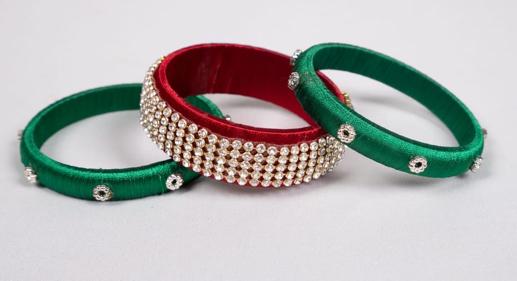  Green and Red Silk Thread Bangle Set with Rhinestones