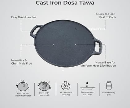 NAKSHATHRA - Cast Iron Dosa Tawa - 10 Inch Pre-Seasoned Flat Griddle Pan for Making South Indian Dosas, Uttapams, Pancakes, Crepes, and More