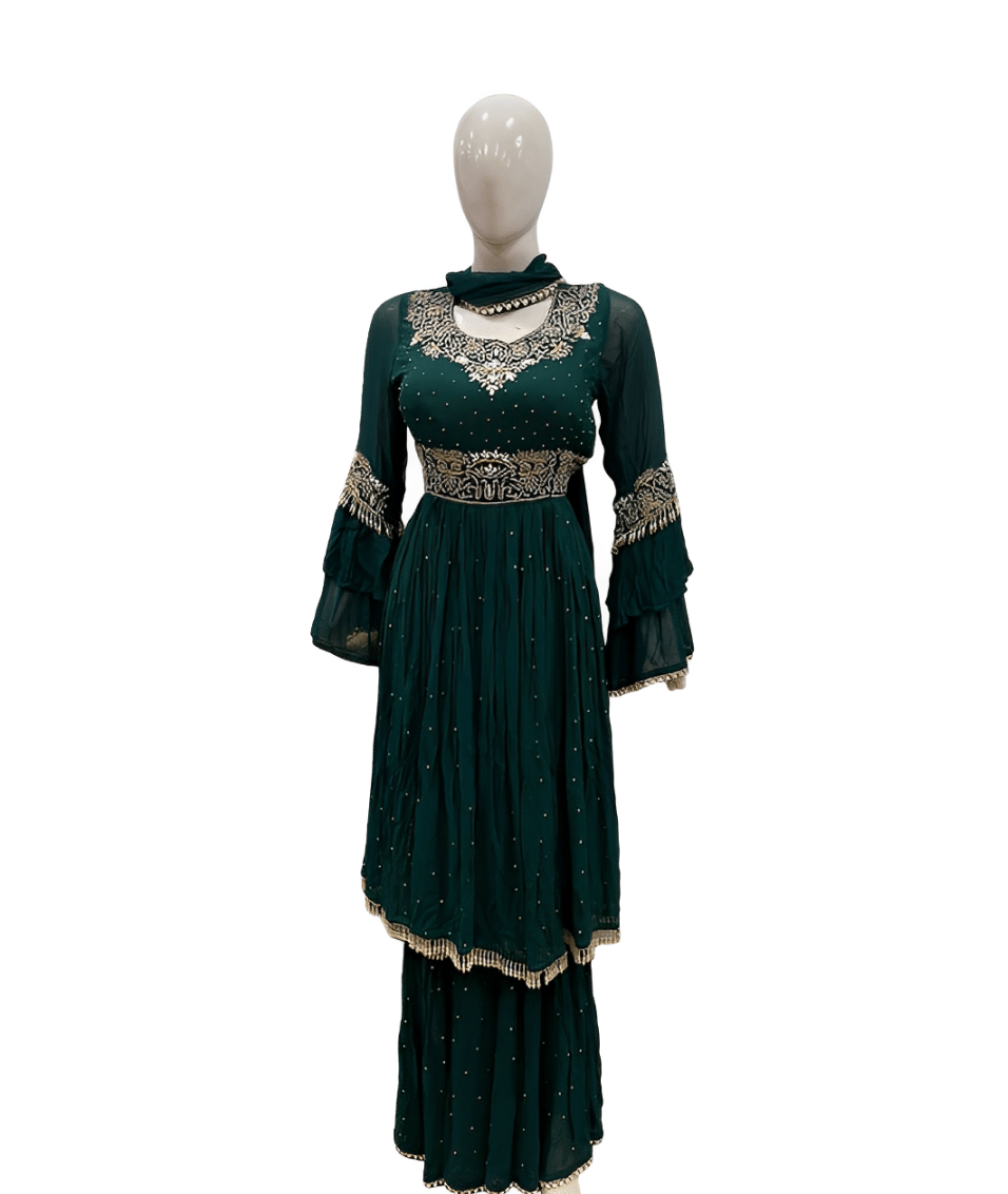 WOMEN'S Georgette Stiched Bottle Green Sequence Work with plazzo and dupatta