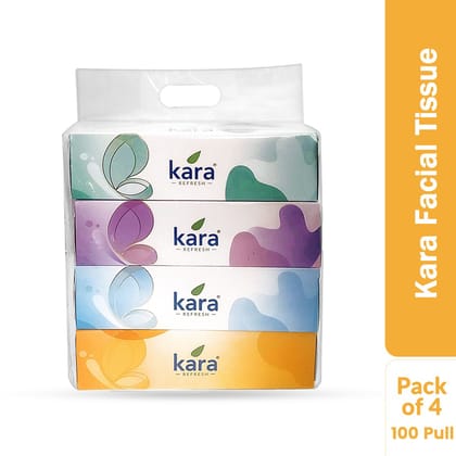 Kara Refresh 2Ply Facial Tissue Paper 100 Pulls - Pack of 4 | Soft & Strong | 20 cm x 20 cm | Gentle on Skin | Ideal for Home & Office Use | 400 Sheets Total
