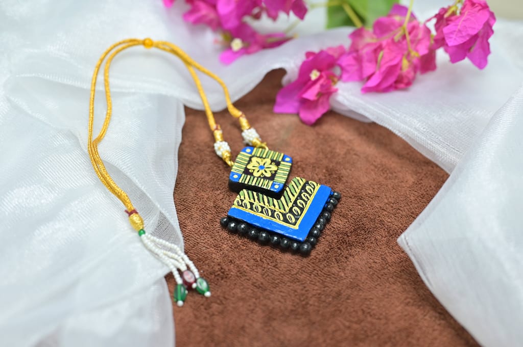  Terracotta Handpainted Blue Beaded Necklace Set