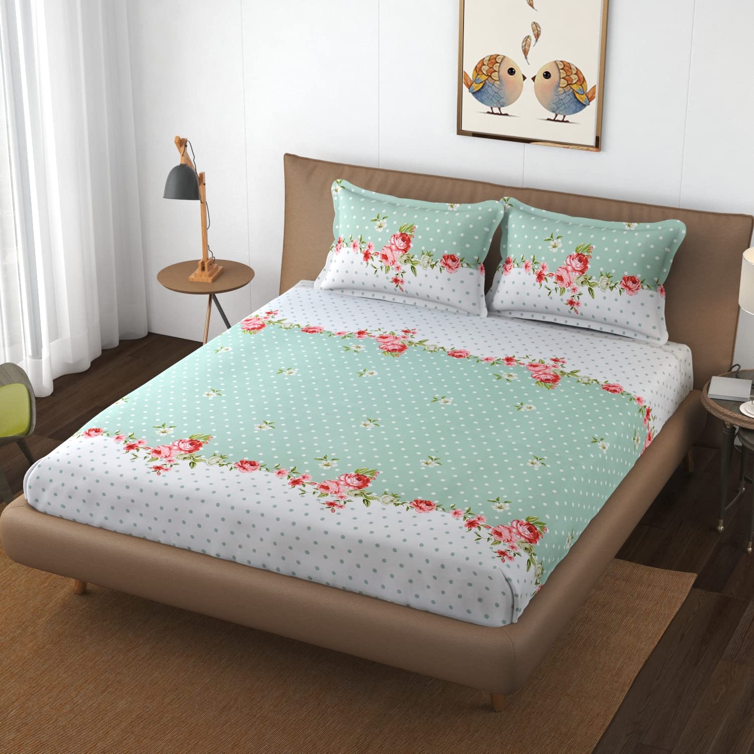 Green and White Floral Dot Pattern Cotton Bedsheet with 2 Pillow Covers