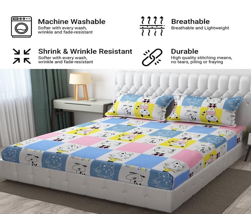  Soft and Breathable Cotton Bedsheet Set with Cute Animal Cartoon Print, Machine Washable and Wrinkle Resistant, Twin Size