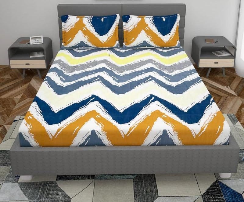  Yellow Blue Chevron Pattern Cotton Bedsheet with 2 Pillow Covers