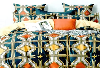  3 Piece Bedding Set - King/Cal King - Duvet Cover, 2 Pillow Shams - Geometric Trellis Pattern - Blue, Orange, Yellow