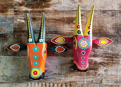Shree Maa Deval Art And Craft  ;  wooden Cow Heads/Nandi wall hanging decor set of 2 (orange and brown)