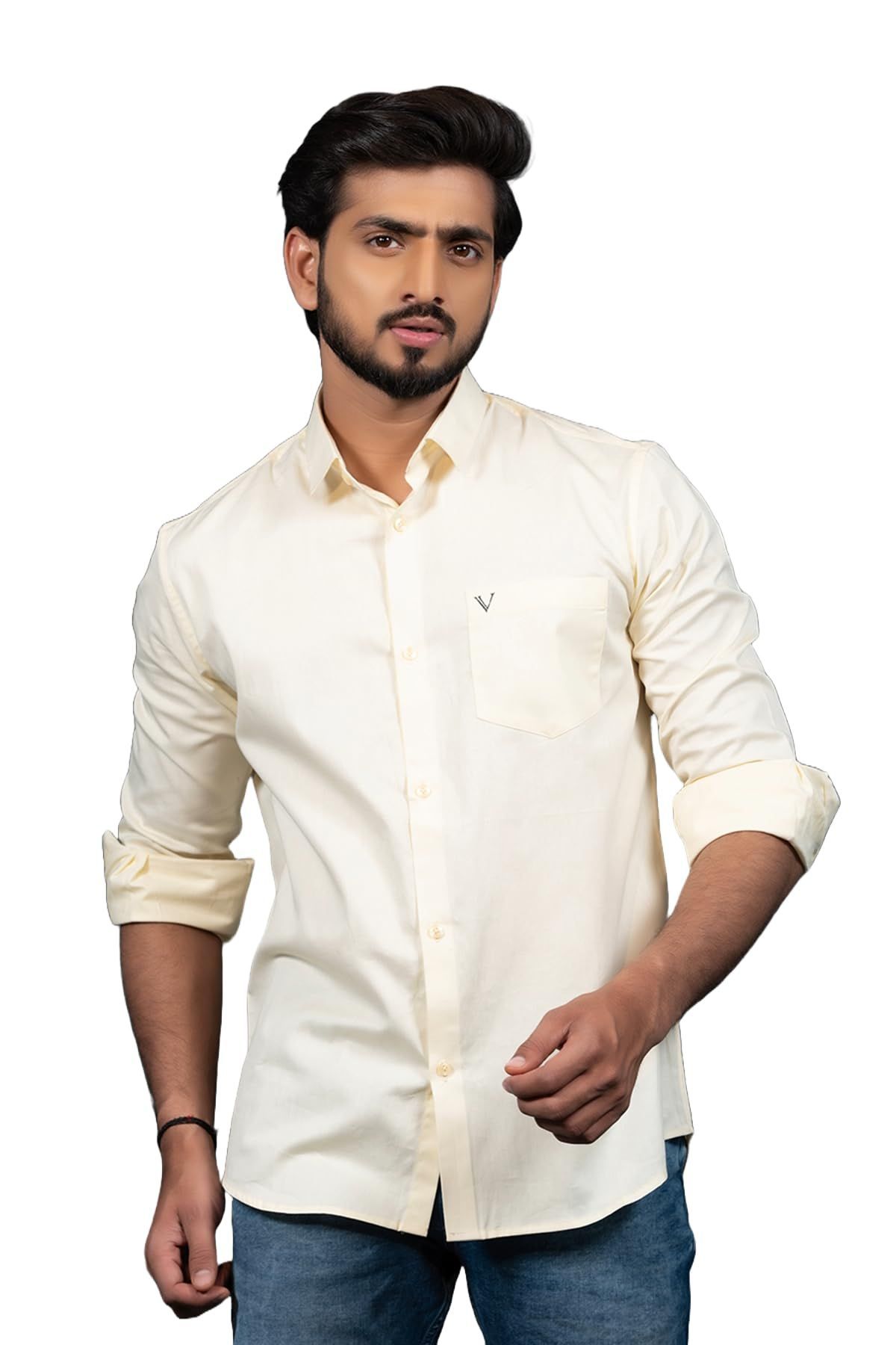 Vooz Casual Cotton Shirt for Men, 100% Pure Cotton, Slim Fit, Made in India, Cream