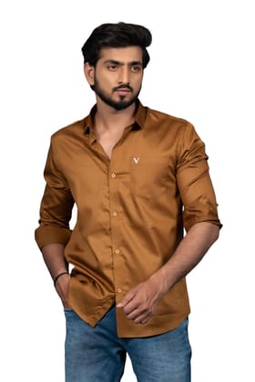 Vooz Premium Slim Fit Long Sleeve Shirt for Men, Khaki, Cut Away Collar, Made in India