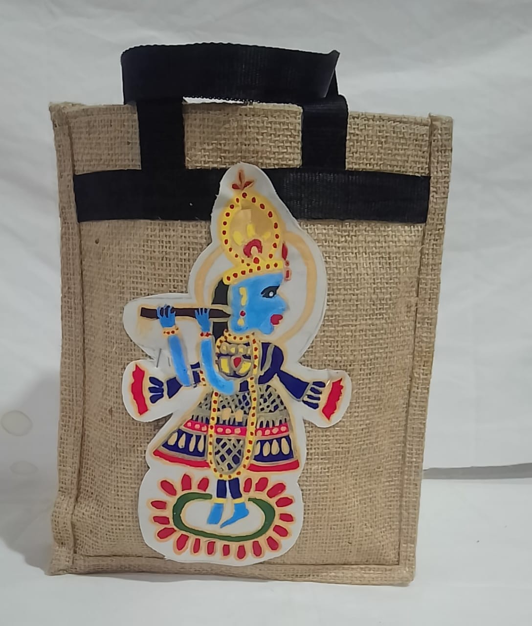 "Natural Jute Tote Bag with Black Handles".